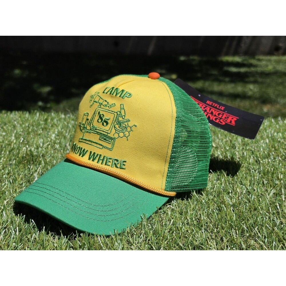 Stranger Things Camp Know Where Snapback Trucker Cap Hat Green Yellow Rope NWT